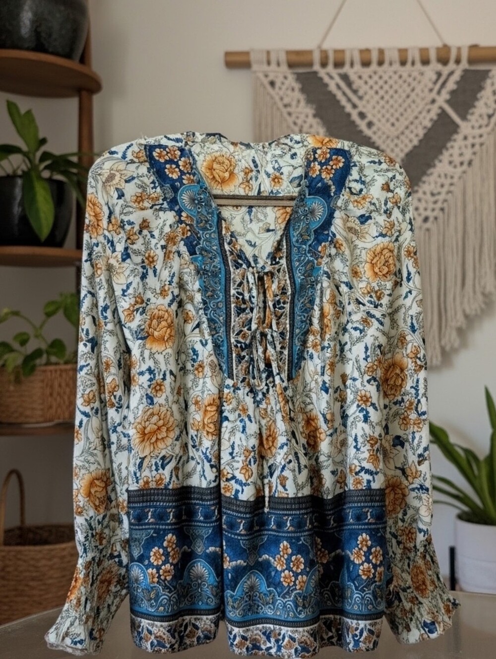 BOHO Floral Peasant Blouse in Teal & Mustard